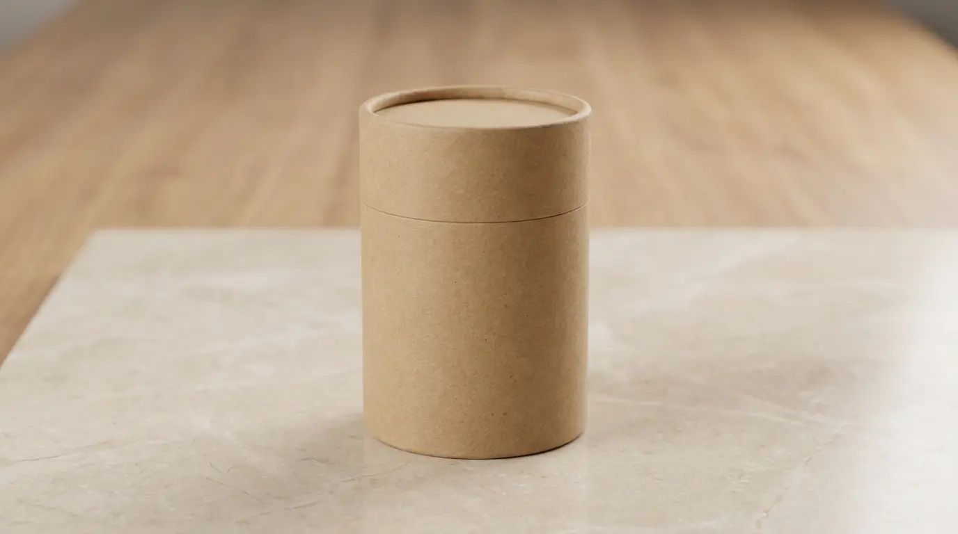 精油紙管包裝搭配琥珀色精油瓶展示，芳療品牌遮光保護與質感設計方案。