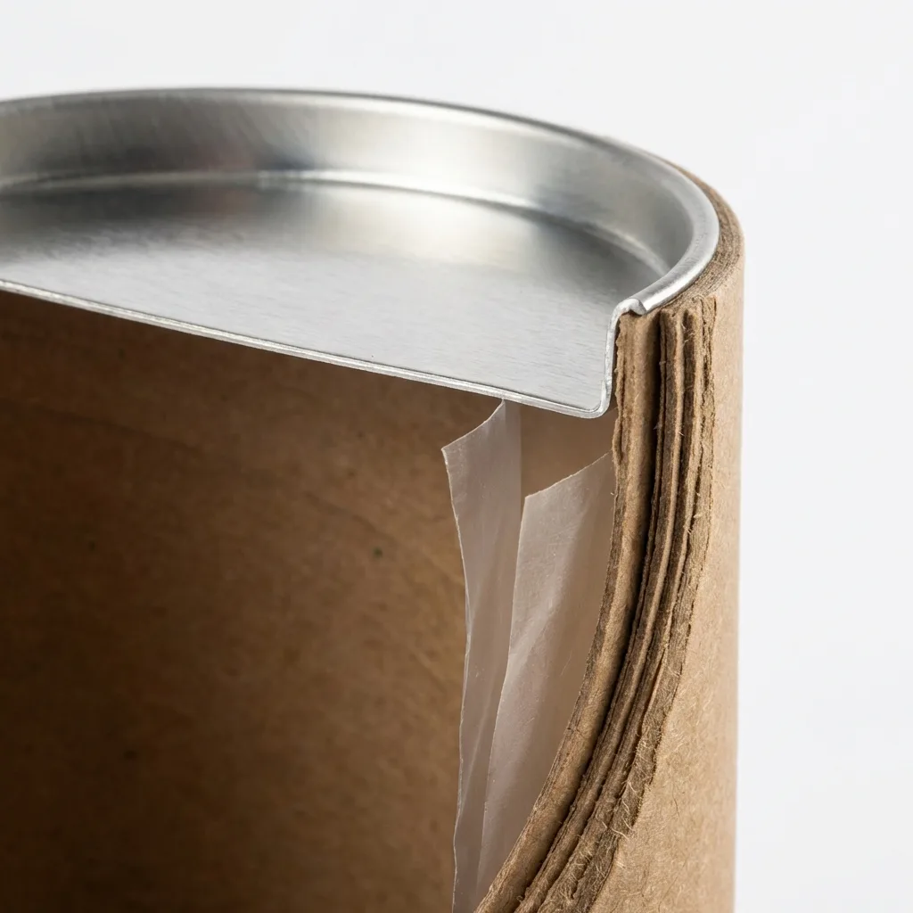 各種紙管包裝展示，包含食品級牛皮紙罐與白卡紙管的近拍細節。