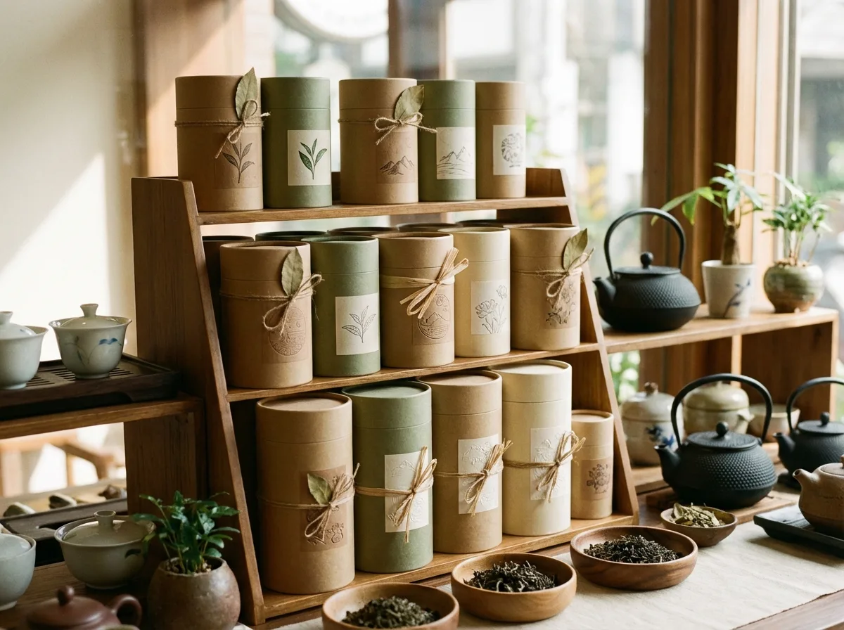 茶葉紙罐品牌印刷使用情境，精品茶葉品牌紙罐在展示架上的陳列效果。