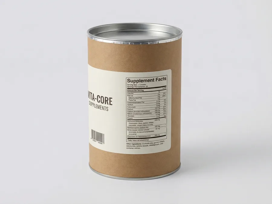 保健食品雙壁紙管包裝案例，鋁箔內襯馬口鐵蓋設計。