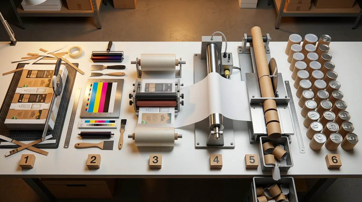 紙罐從裁切、印刷、加工到成品的六步驟製造流程俯視圖